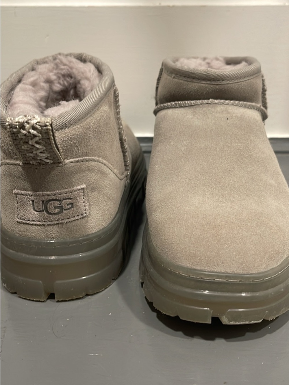 UGG Women's Taupe Suede Shearling Platform Clog Boots
